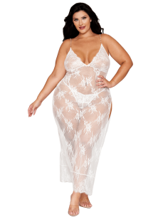 Nuisette longue blanche grande taille en dentelle florale, string assorti - DG13667XWHT 2