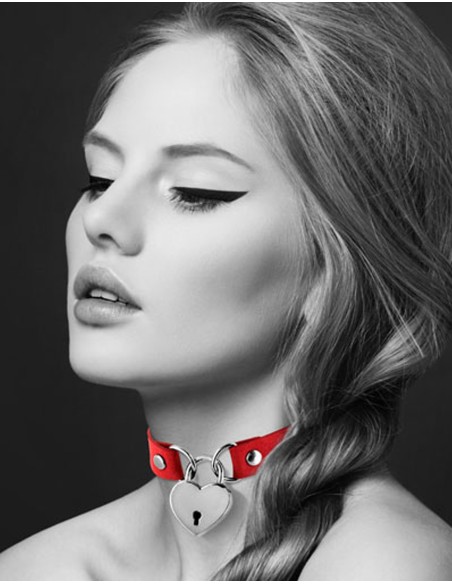 Collier en cuir rouge SM avec pendentif cadenas coeur argenté - CC6060040030