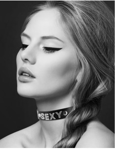 Collier en cuir noir SM avec Sexy en strass - CC6050120010 2