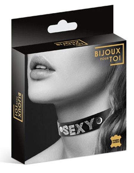 Collier en cuir noir SM avec Sexy en strass - CC6050120010