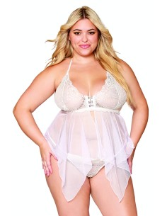 Babydoll et string grande taille en résille et dentelle blanche - DG13314WHT 2