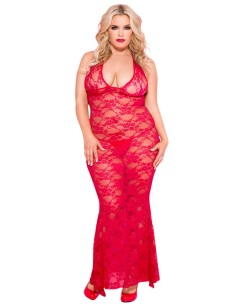 Nuisette grande taille longue rouge décolletée dentelle florale - ML53012XRED 2
