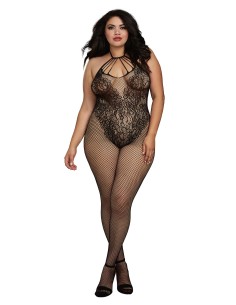Bodystocking Grande taille résille dans un style Body avec magnifique décolleté à lanières - DG0326XBLK 2