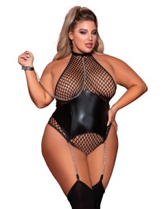 Body grande taille large résille et porte jarretelle simili cuir avec chainettes - DG12495XBLK 2